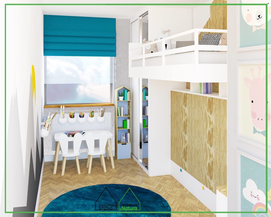Oryginalny pokój dziecięcy ze składanym łóżkiem piętrowym projekt: Doscha STUDIO Julia Chalimoniuk