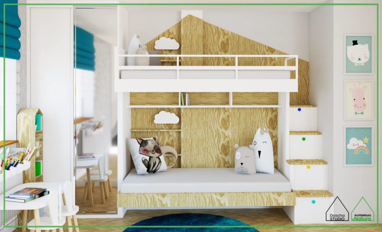 Oryginalny pokój dziecięcy ze składanym łóżkiem piętrowym projekt: Doscha STUDIO Julia Chalimoniuk